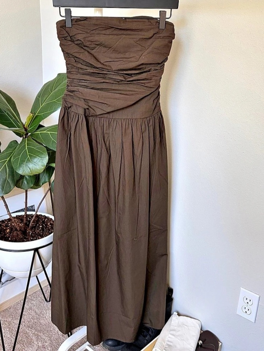 Strapless Chocolate Brown Midi Poplin Dress